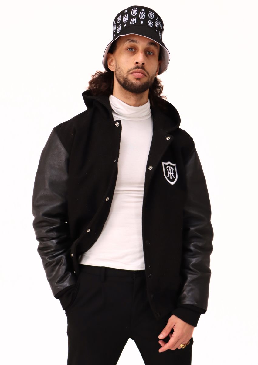 BLACK HOODIED LEATHER SLEEVE VARSITY JACKET